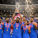 India cricket team celebrating T20 World Cup 2026 title win