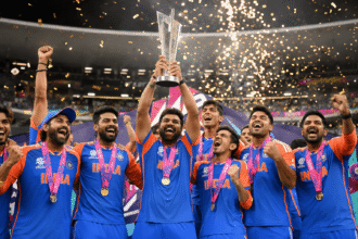India cricket team celebrating T20 World Cup 2026 title win