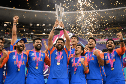 India cricket team celebrating T20 World Cup 2026 title win