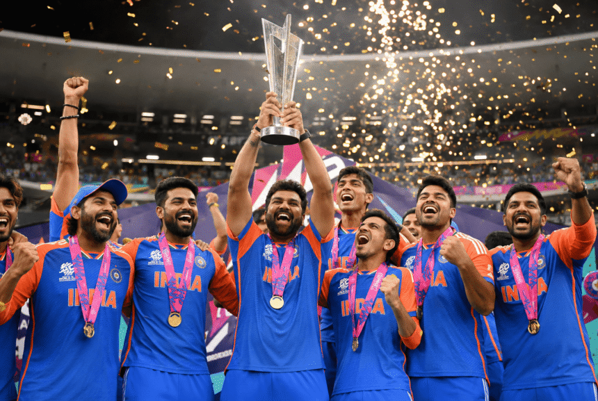 India cricket team celebrating T20 World Cup 2026 title win