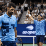 Novak Djokovic reacting during US Open 2026 first-round match