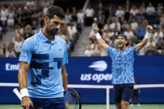Novak Djokovic reacting during US Open 2026 first-round match